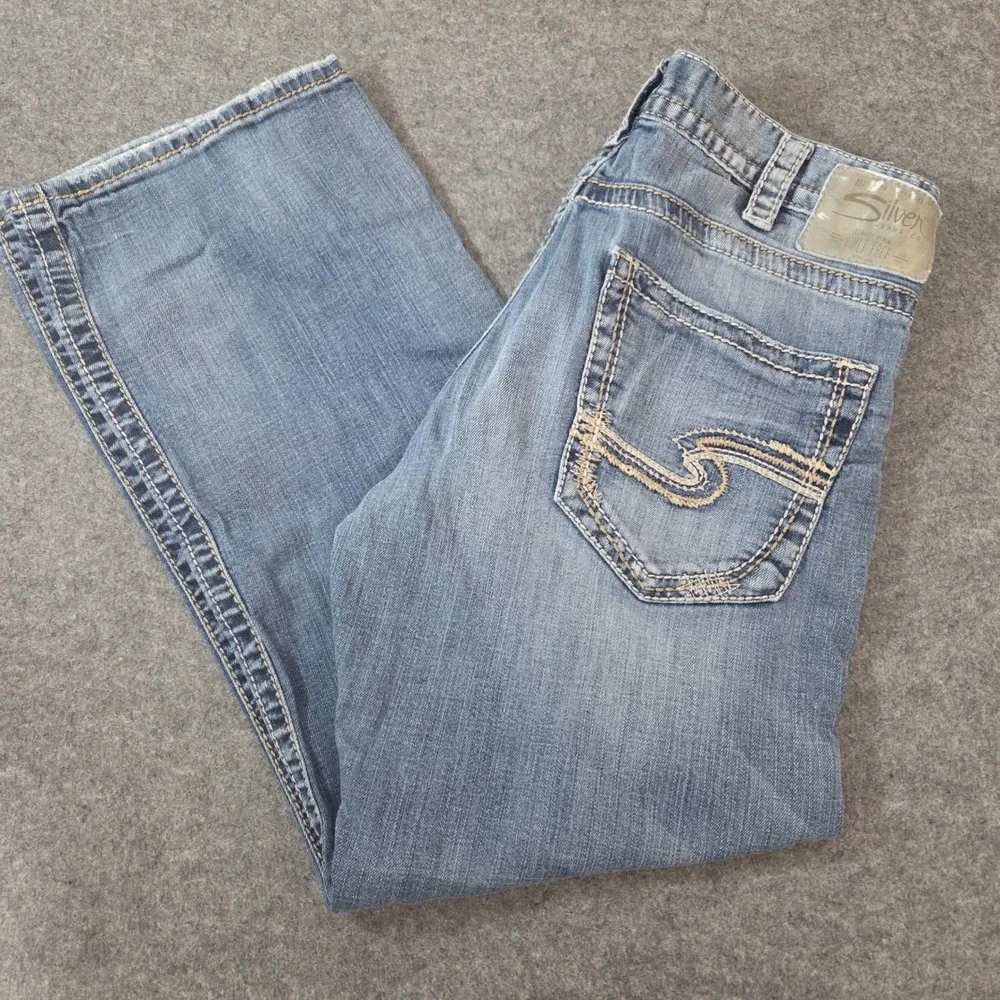 Silver Jeans Zac Mens 34x32 Light Wash Relaxed Straight Denim Jeans Distressed